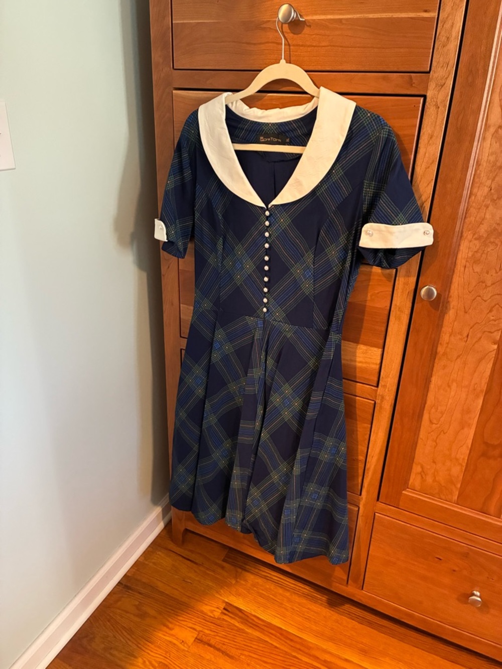 Navy Plaid Dress with White Collar
